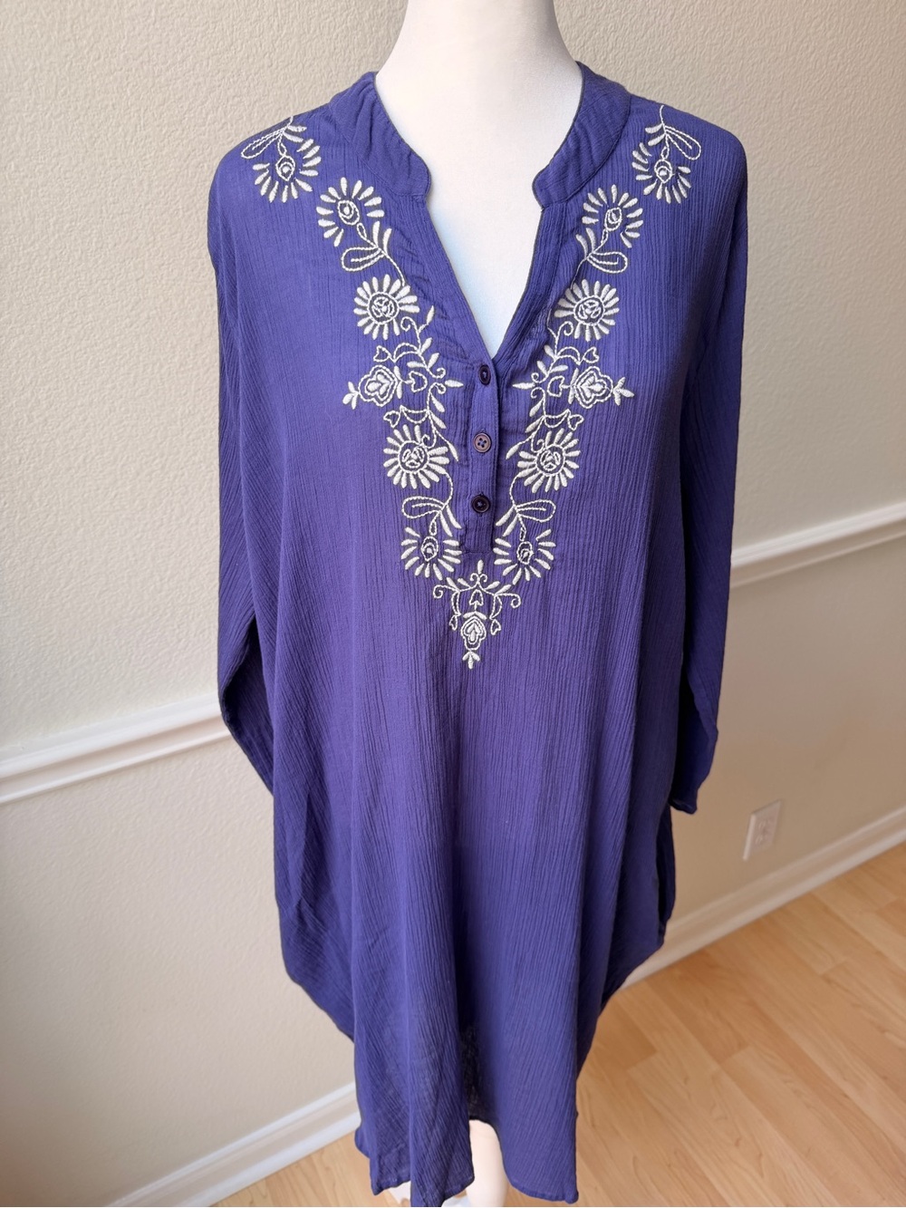 Purple Embroidered Cotton Tunic Dress XL Boho Peasant Coverup Beach Poolside‎